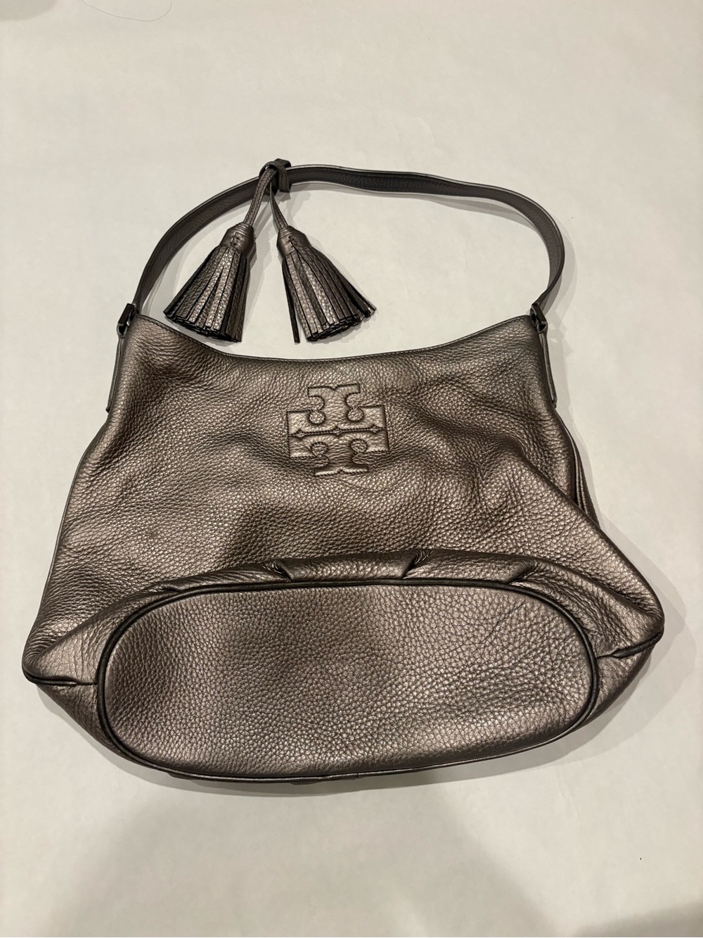 Tory Burch Pewter Leather Hobo with Tassel Detail